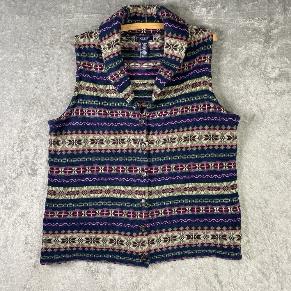 Chaps Sweater Vest Womens Sz 1X Fair Isle Shawl Collar Cardigan Buttons Cotton